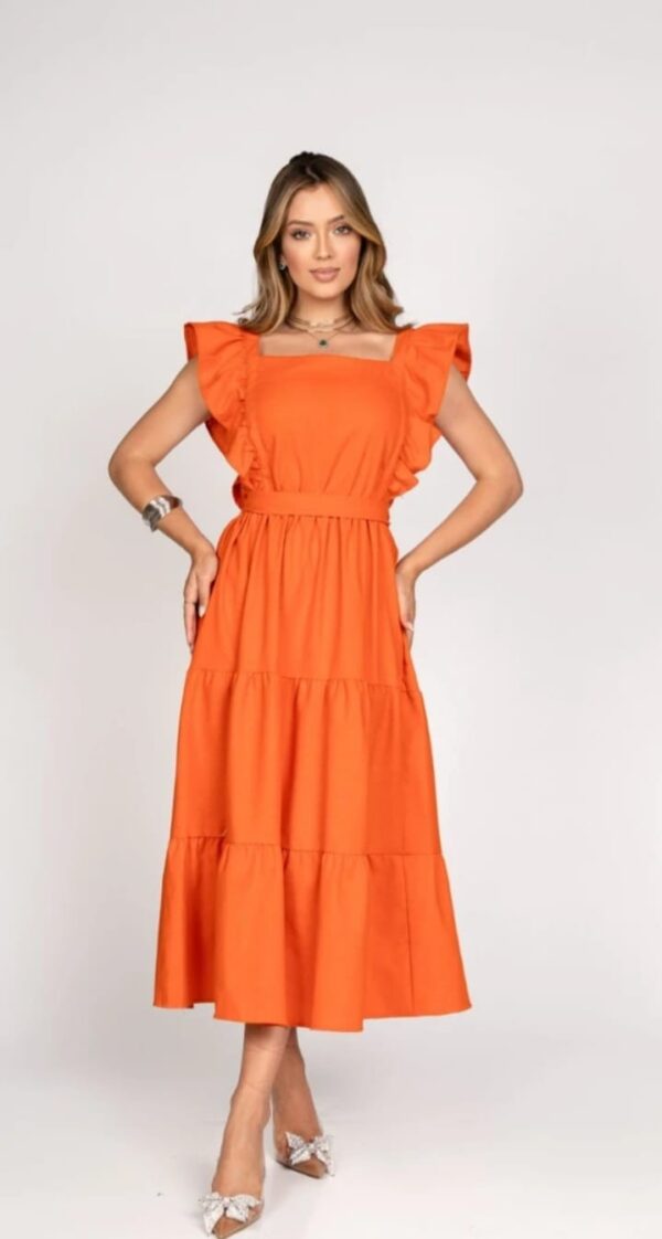 Vestido babado Viviane em linho cor laranja