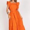 Vestido babado Viviane em linho cor laranja