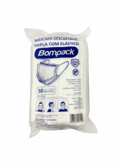 Máscara Descartável Tripla com Elástico Bompack – 50 Unidades